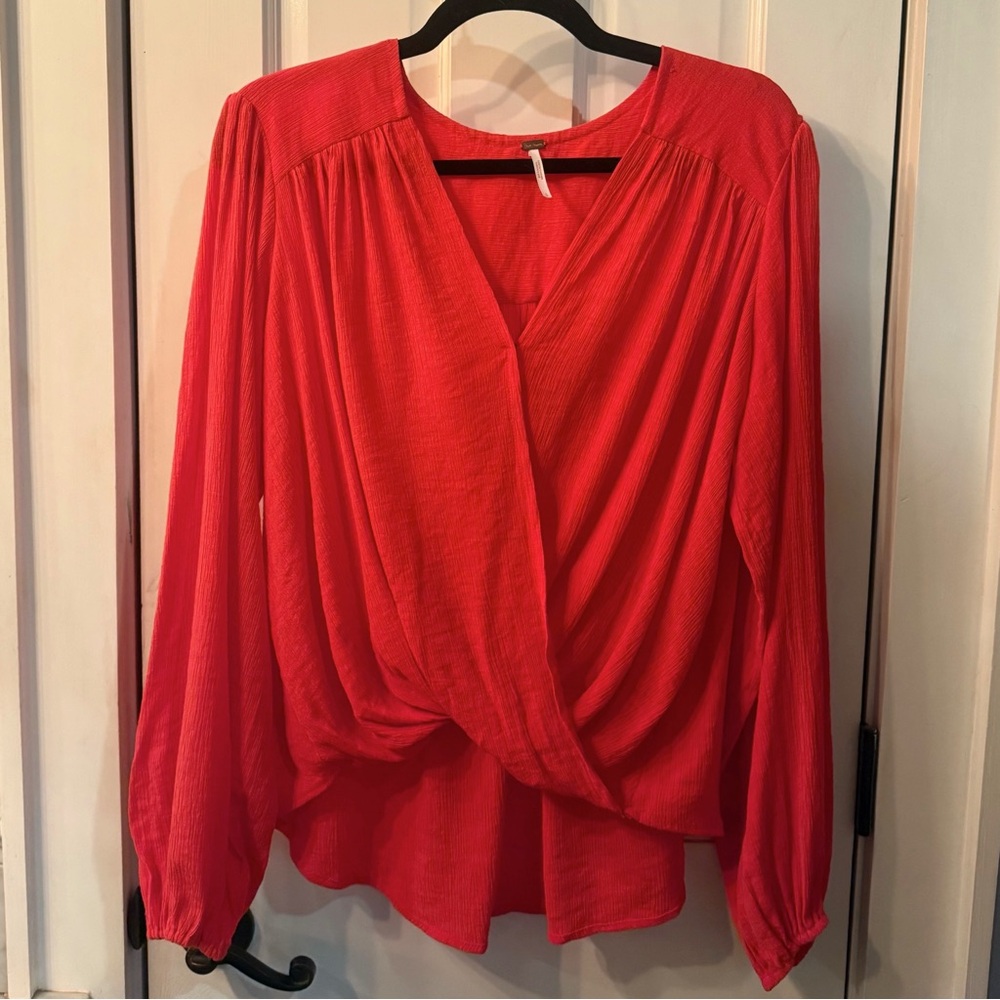 NEW FREE PEOPLE LADY LUCK RED ORANGE DRAPEY WRAP PLUNGE V-NECK BLOUSE SMALL HOT! - Picture 11 of 16